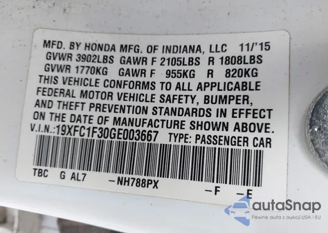 2016 Honda Civic Ex-T z USA, uszkodzony, nr VIN 19XFC1F30GE003667